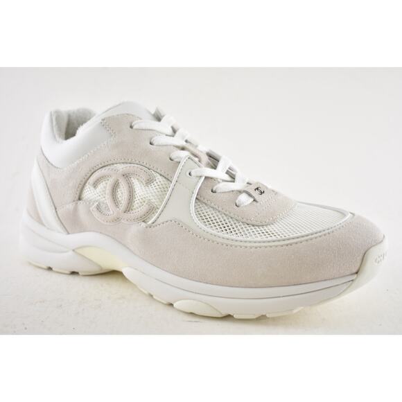 Chanel 20P Mens Triple White Mesh CC Logo Low Top Runner Trainer Sneaker 44 11 - Picture 5 of 13